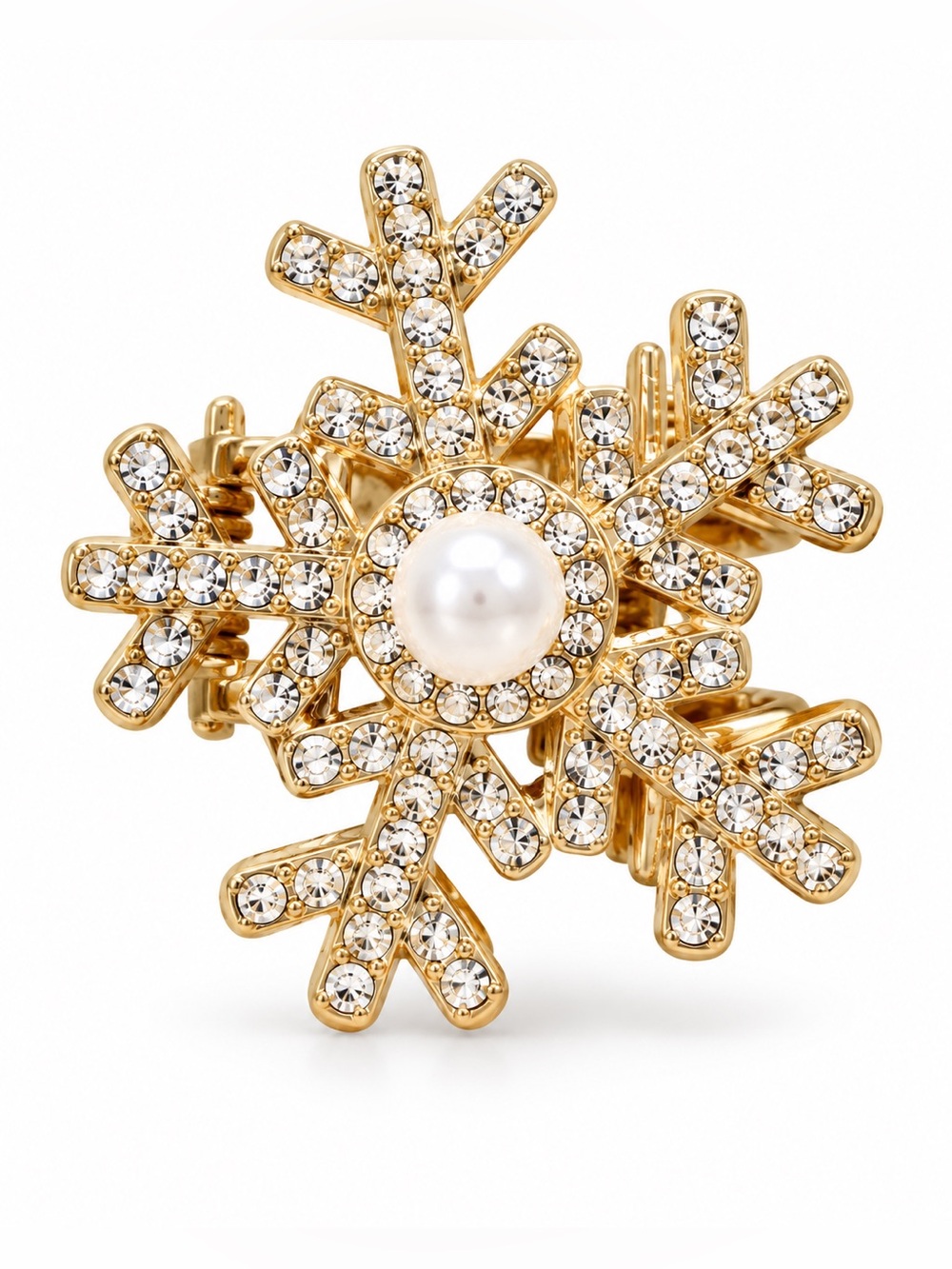 Snowflake Allover Rhinestone & White Pearl Gold Metal 1” Lobster Claw Hair Clip